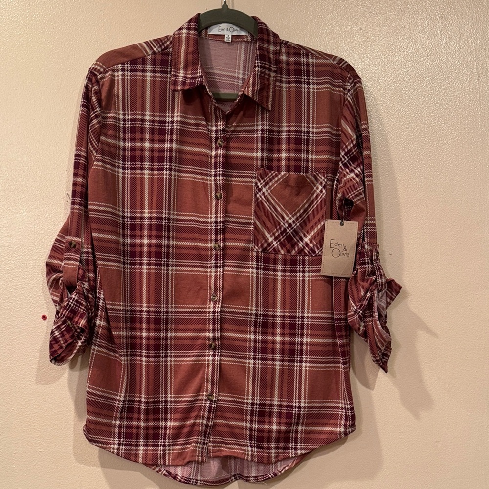 Eden & Olivia Women's Plaid Button Front Roll Tab Shirt Rose/Plum Size Small